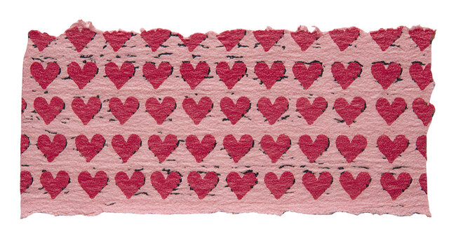 A pink paper strip with a repeating pattern of red hearts on transparent background