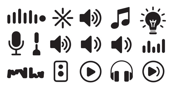 Digital sound wave silhouette icons for audio player interface and volume control settings.