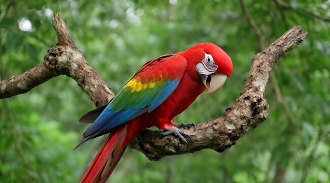 Vibrant Scarlet Macaw perched on a branch with a lush green background