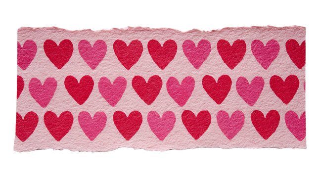 A pink paper strip with a repeating pattern of red hearts on transparent background
