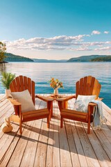 Fototapeta premium Relaxing morning on a wooden dock with two Adirondack chairs facing a peaceful lake