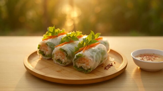 Close up of delicious Vietnamese spring rolls with dipping sauce outdoors
