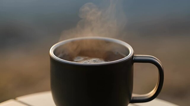 A steaming mug of hot coffee or tea against a blurred background