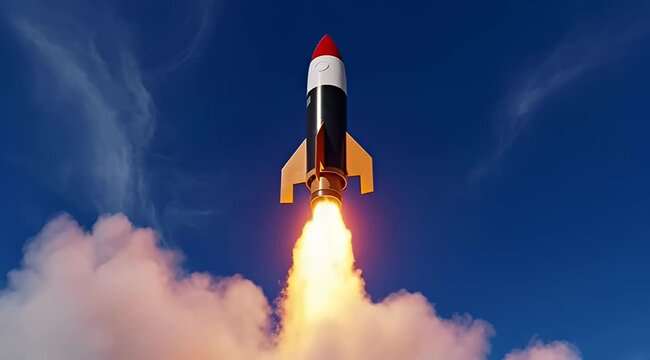 Rocket blasting off into the sky with a trail of fire and smoke