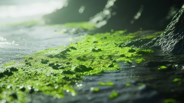 Vibrant green algae bloom spreading across the surface of a polluted wetland under overcast lighting