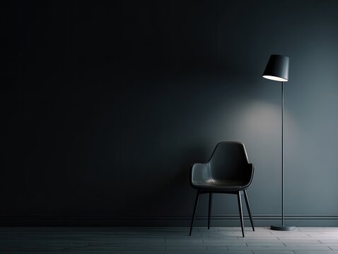 Minimalist dark room with a single black chair and illuminated floor lamp