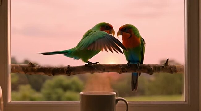 Two colorful lovebirds perched on a branch at sunset with coffee