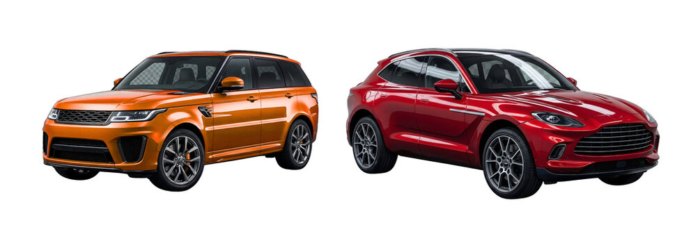 Two luxury SUVs orange Range Rover and red Aston Martin isolated on transparent background