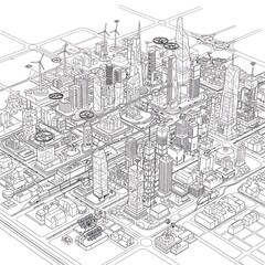 Obraz premium Isometric Smart City Outline - Futuristic Urban Landscape with Drones & Renewable Energy