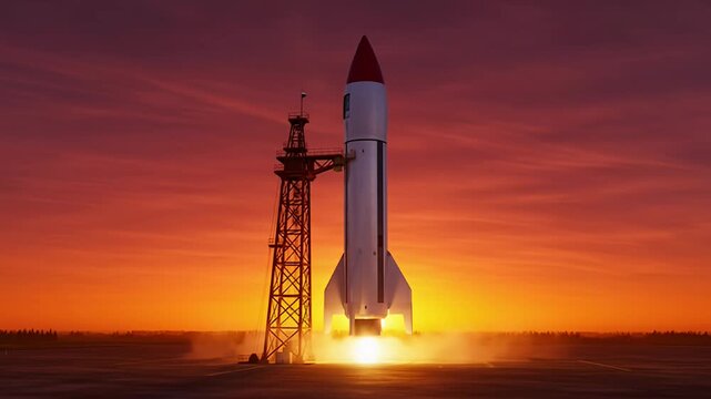 Majestic rocket ascending into a breathtaking sunset sky on launchpad