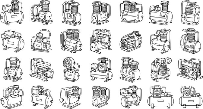 Industrial Air Compressors and Pumps Line Art Set. Black and White Vector Outline Icons for Workshop, Automotive, Manufacturing, and Engineering Equipment.