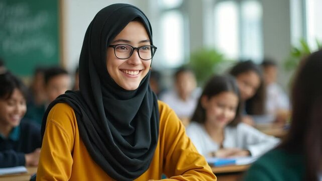 Confident young student wearing hijab attentively listening in classroom. Concept of inclusive education, academic learning, and diversity. Suitable for banner, poster, background, or school design.
