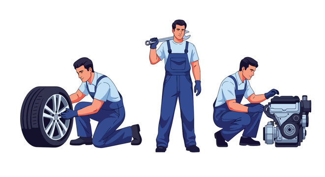 Collection set vector flat style of 3 auto mechanics repairing vehicle and holding tools, technician characters in workshop isolated on clean background for automotive service and maintenance concepts