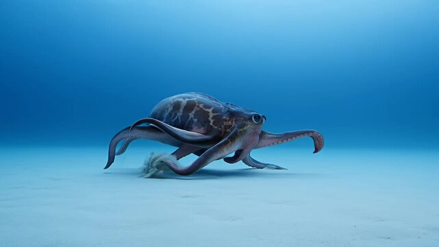 A curious dumbo octopus is shown traversing the sandy ocean floor