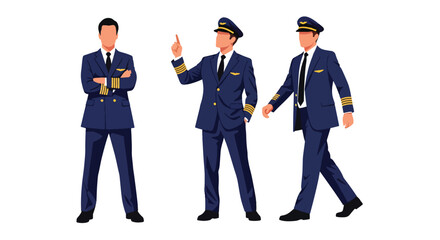 Collection set vector flat style of 3 airline pilots wearing uniform, aviation professionals isolated on clean background for flight, travel, and transportation concepts © Amie