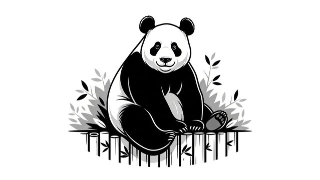 Cute black and white panda sitting on bamboo fence in minimalist line art illustration