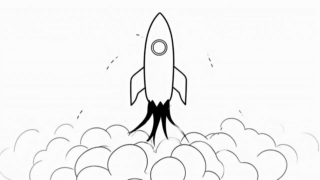 Black and White Illustration of a Rocket Launching Through Clouds of Smoke
