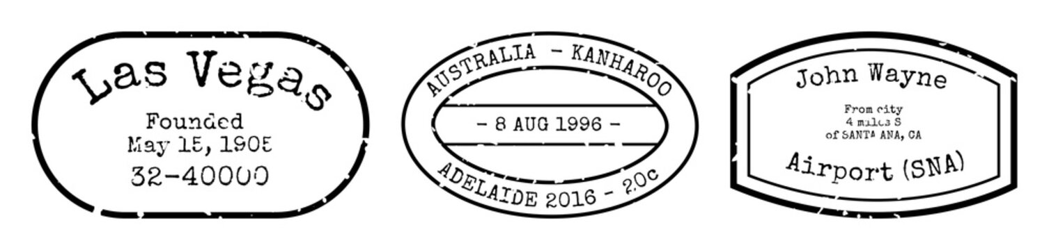 Vintage travel-themed passport stamps element set isolated on white