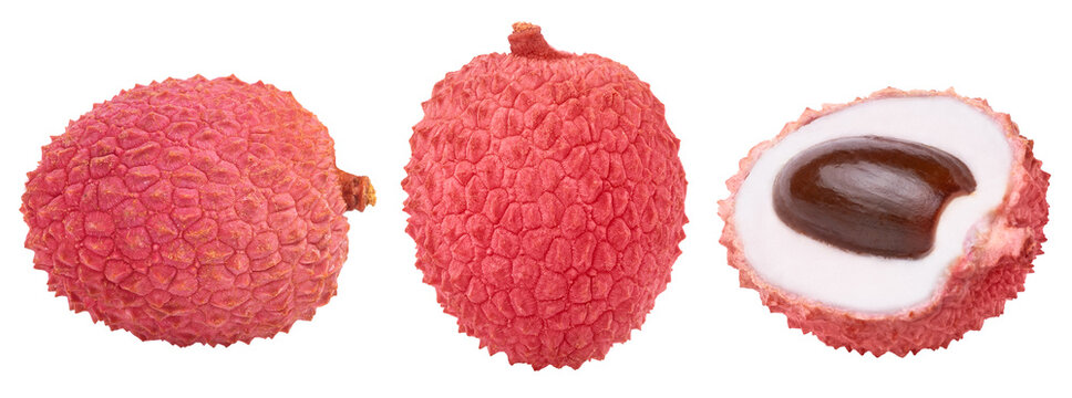 Isolated lychees collection. Whole red juicy lychee and half of lychee with seed collection.