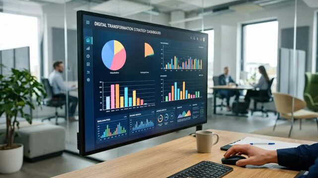 A hand working with a digital transformation interface on a modern screen, clean office environment with soft lighting, professional composition focusing on interaction, shot on Sony A7RV with 85mm