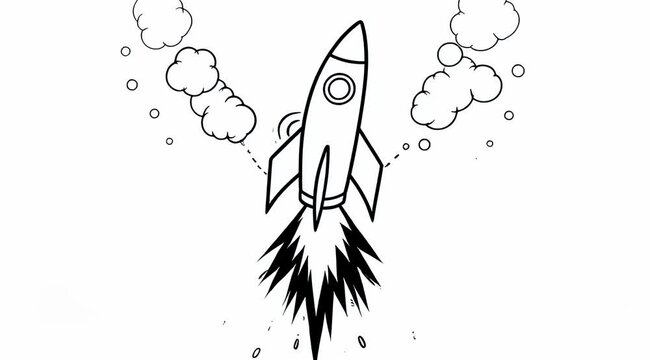 Cartoon rocket launching into space with clouds and fire illustration