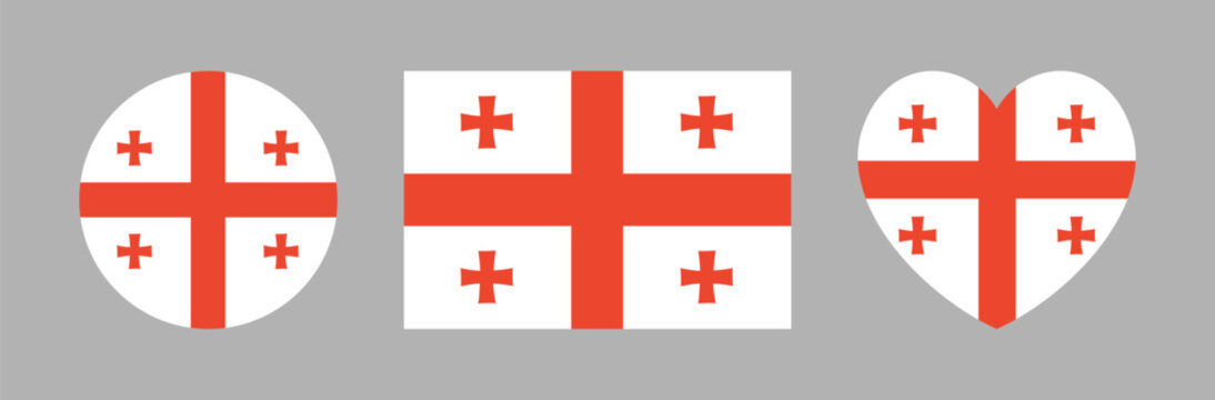 Georgia flag circle, rectangle, heart shape template, icon, sticker. Georgian country flag badge, button. National emblem heart shaped, round, rectangular banner, background.