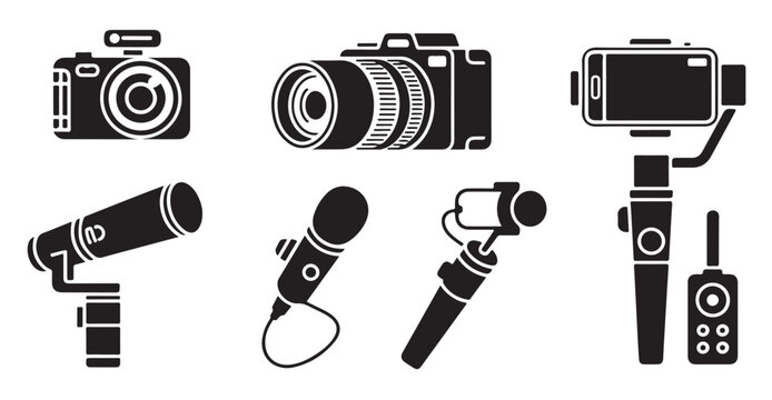 Professional video production equipment set with gimbal stabilizer camera and microphones.