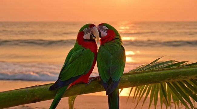 Two affectionate parrots in nature share a moment near a beach sunset