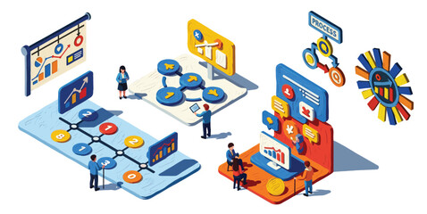 Fototapeta premium isometric process, business workflow, data analysis, KPI dashboard, business strategy, project management, analytics, teamwork, flowchart, digital dashboard, corporate planning, business process