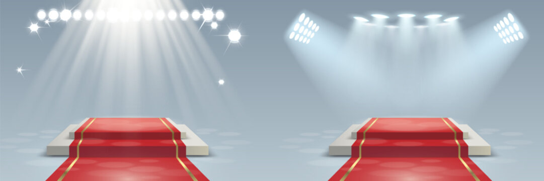 Red carpet stage receiving bright event spotlights