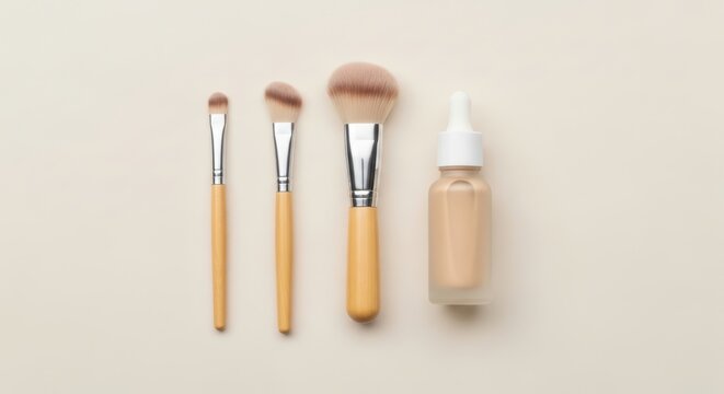 Set of makeup brushes and a bottle of liquid foundation on a beige background