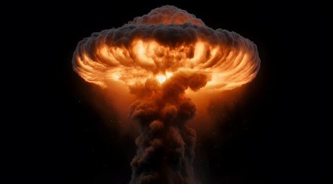Dramatic and intense mushroom cloud formation against a dark black background visual