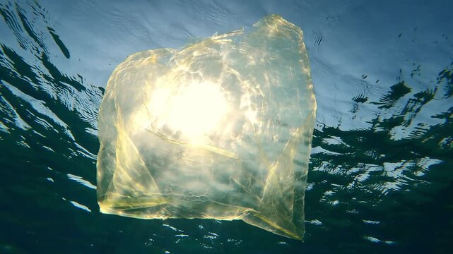 Bottom view of old yellow plastic bag drifting below water reflected on surface in sunshine in contre-jour, Slow motion of disposable bag floating in blue water under sunbeams in backlit 