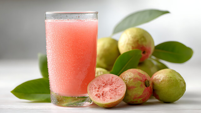 A glass of refreshing pink guava juice sits with pile of fresh guavas on white surface