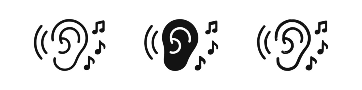 Human Ear with Music Notes Icon Set. Sound, Listening, and Audio Concepts in Outline, Solid, and Doodle Style.
