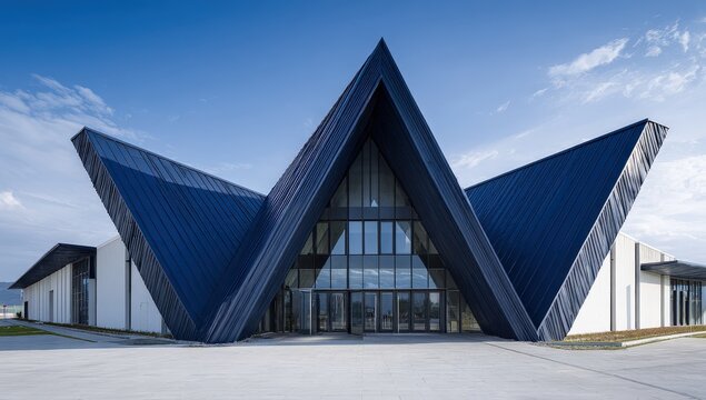 Unique modern architecture building with striking triangular roof covered in