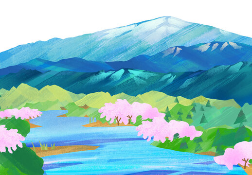 雄大な山と小川と桜1