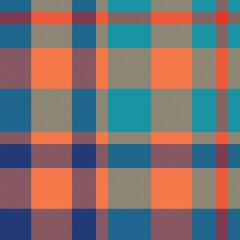 Fototapeta premium Grid tartan vector texture, herringbone fabric textile plaid. Vogue pattern check background seamless in orange and cyan colors.