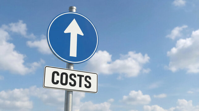 Rising costs concept with upward arrow road sign against blue sky and clouds. 
