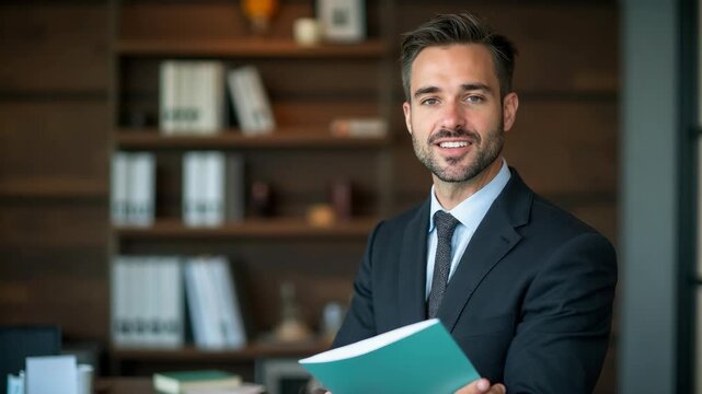 Portrait of smiling man with folder in office, space for text. Lawyer, businessman, accountant or manager.