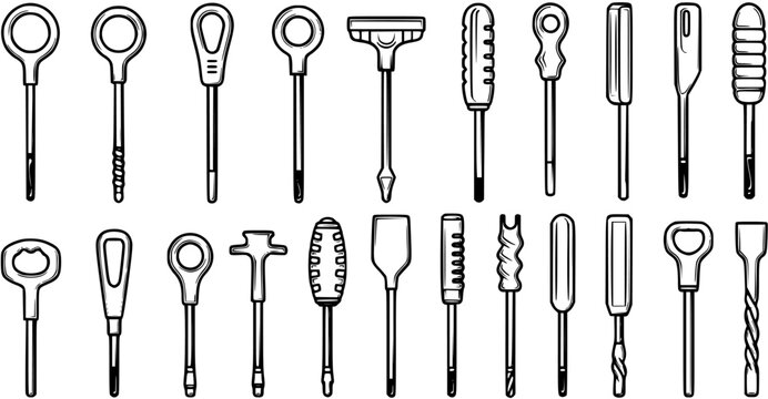 Black and White Line Art Set of Diverse Hand Tools: Drivers, Picks, Awls, Reamers, and Bottle Openers for DIY, Hardware, and Repair Industries