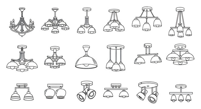 ceiling light outline icon set with decorative lamp collection