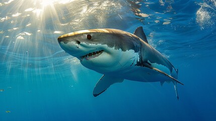 Fototapeta premium Great white shark glides through vibrant blue ocean depths. Sunlight streams above, creating a shimmering effect. Its white underbelly contrasts with dark dorsal fins