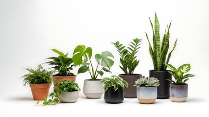 Fototapeta premium Collection of Diverse Potted Houseplants Against a White Background.