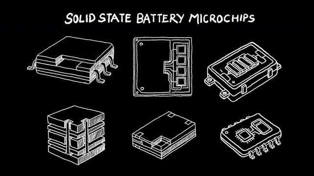 Hand drawn solid state battery microchips illustration line art, semiconductor concepts, 4k animated video, alpha transparent video