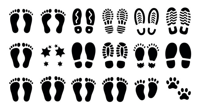 Human bare walk footprints and shoes kids feet vector set footsteps icon for path trail navigation route and follow track illustration