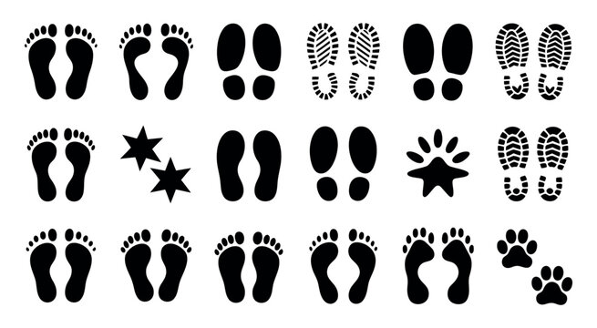 Human bare walk footprints and shoes kids feet vector set footsteps icon for trail path walking route and follow direction illustration