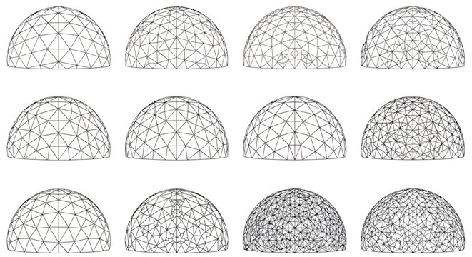 Geodesic dome wireframe set with architectural hemisphere structure outlines