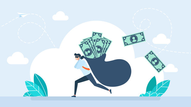 Thief in mask running away and carrying a huge heavy bag full of money bills, representing financial crime, bank robbery, cash theft, inflation or economic crisis. Flat illustration.