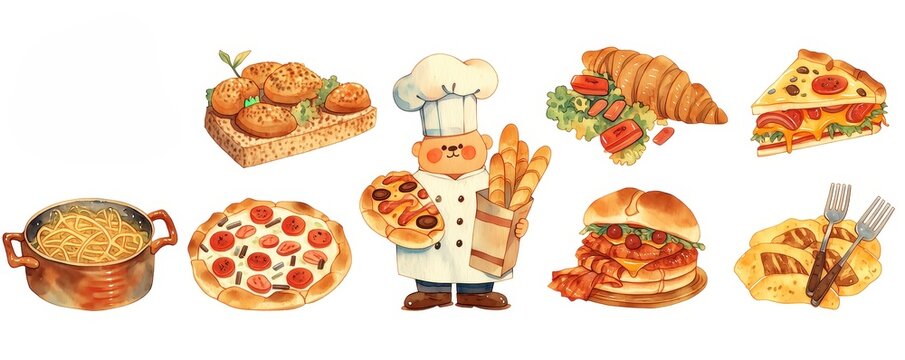 Cute bear chef character standing with various delicious food items like pizza and bread
